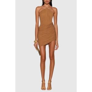 Innovare Denim Women's Size Large Brown Bosse Ruched Halter Mini Dress NWT